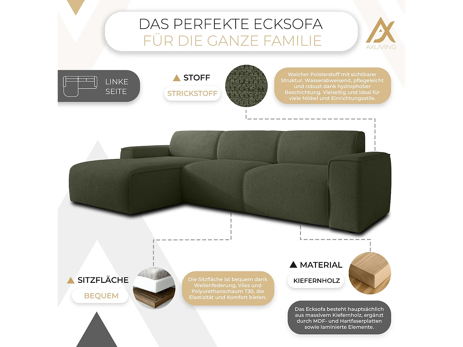 AX LIVING Couch Sofa L Form Didim mini Grün 310 cm breit, stilvoll L