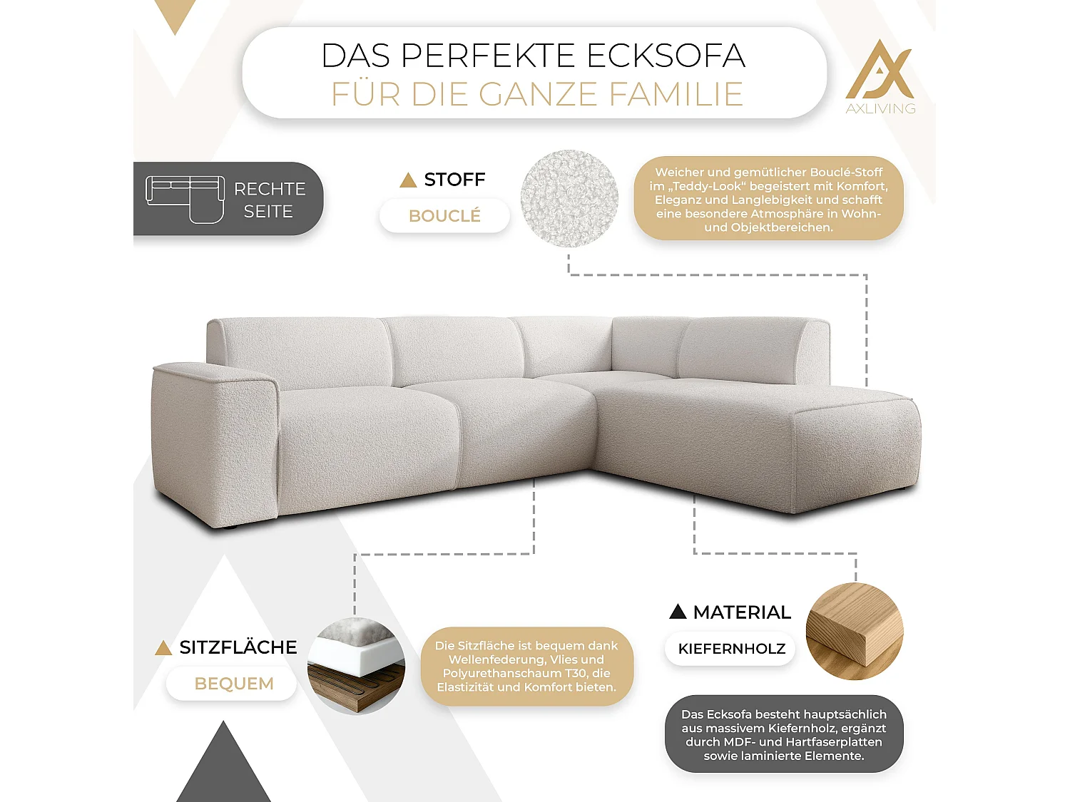 AX LIVING Couch Sofa L Form Didim L Weiß – 292 cm, stilvoll & bequem R