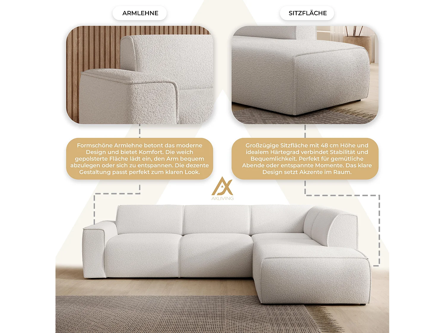 AX LIVING Couch Sofa L Form Didim L Weiß – 292 cm, stilvoll & bequem R