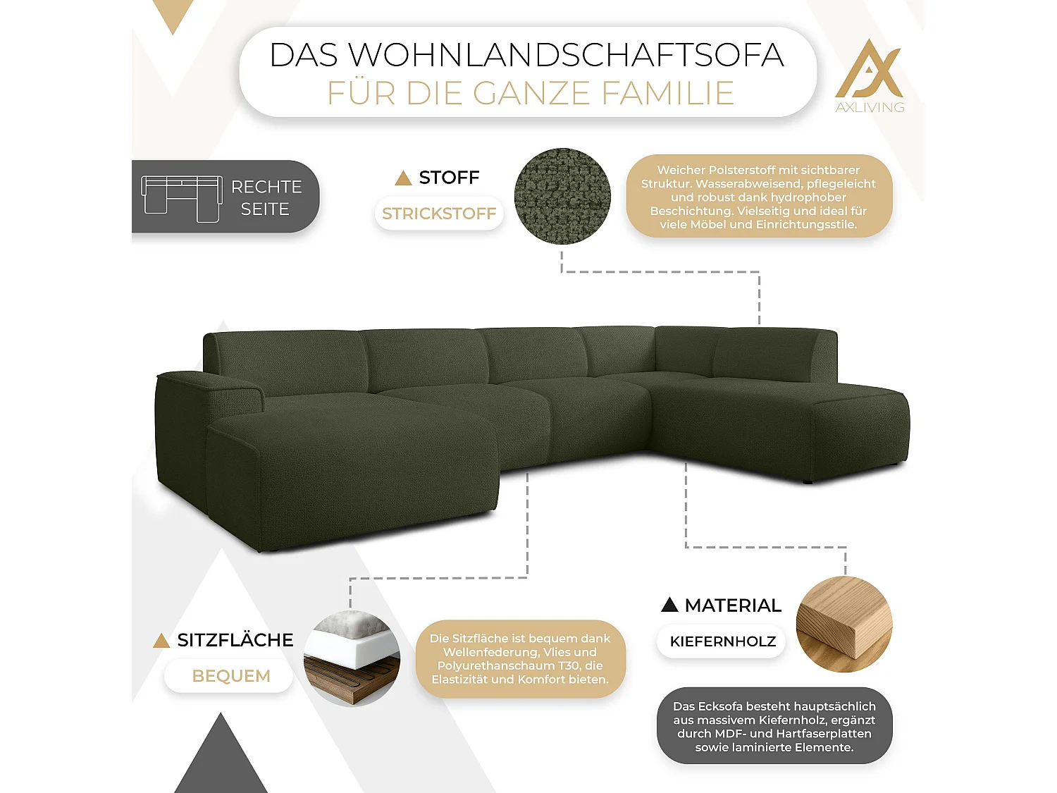 AX LIVING XXL Sofa U Form Didim Grün 378cm breit modern & großzügig R