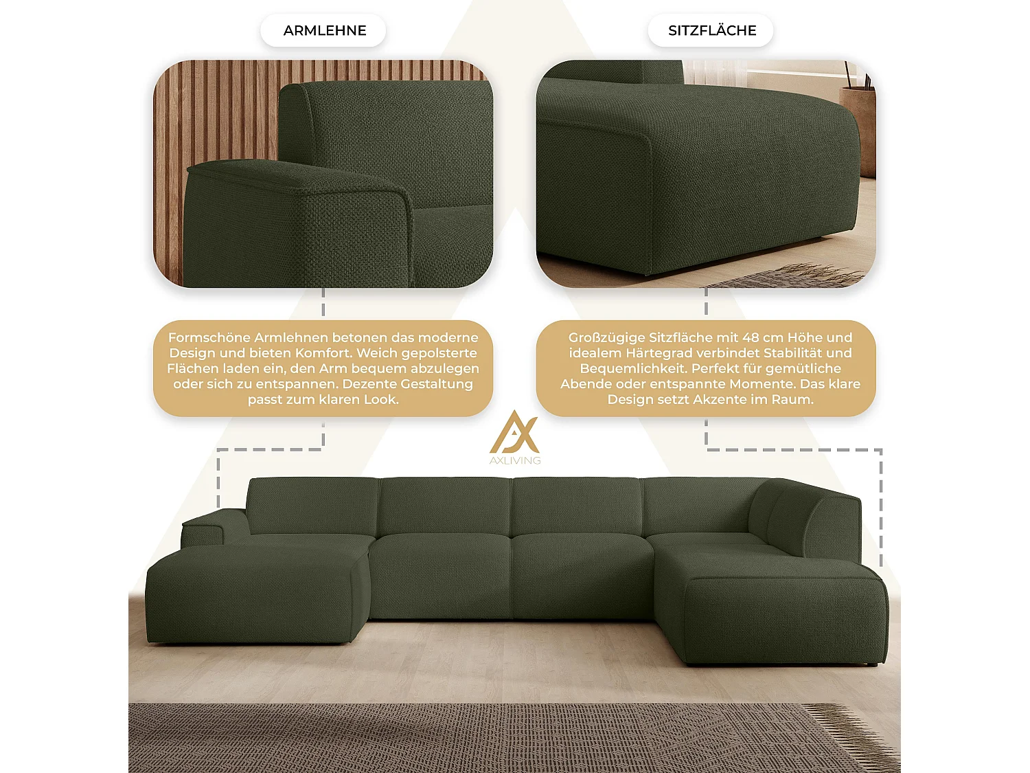 AX LIVING XXL Sofa U Form Didim Grün 378cm breit modern & großzügig R