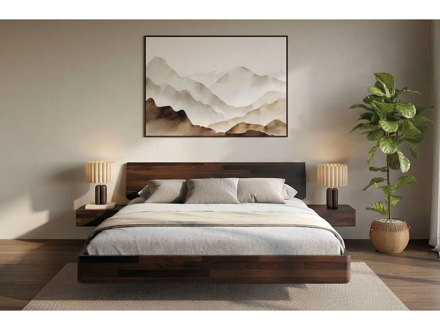 Lit flottant en hêtre massif LENA avec chevets / 140x200 cm, couleur palissandre