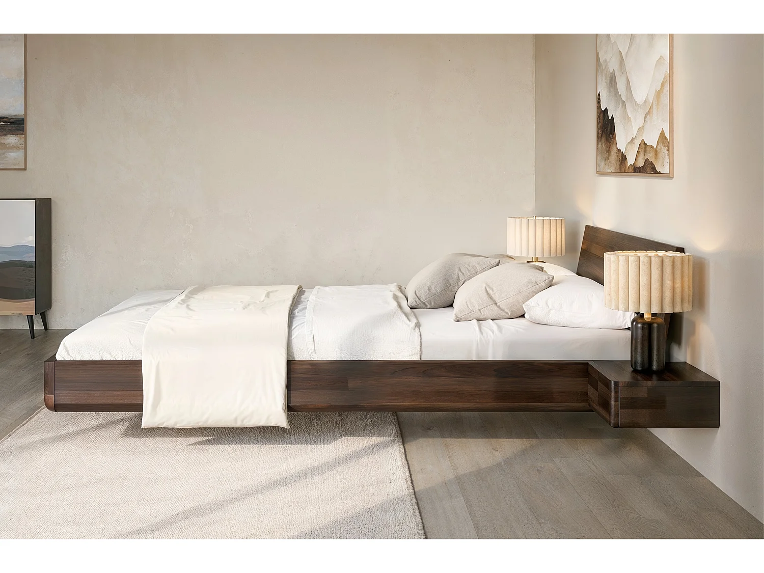 Lit flottant en hêtre massif LENA avec chevets / 140x200 cm, couleur palissandre