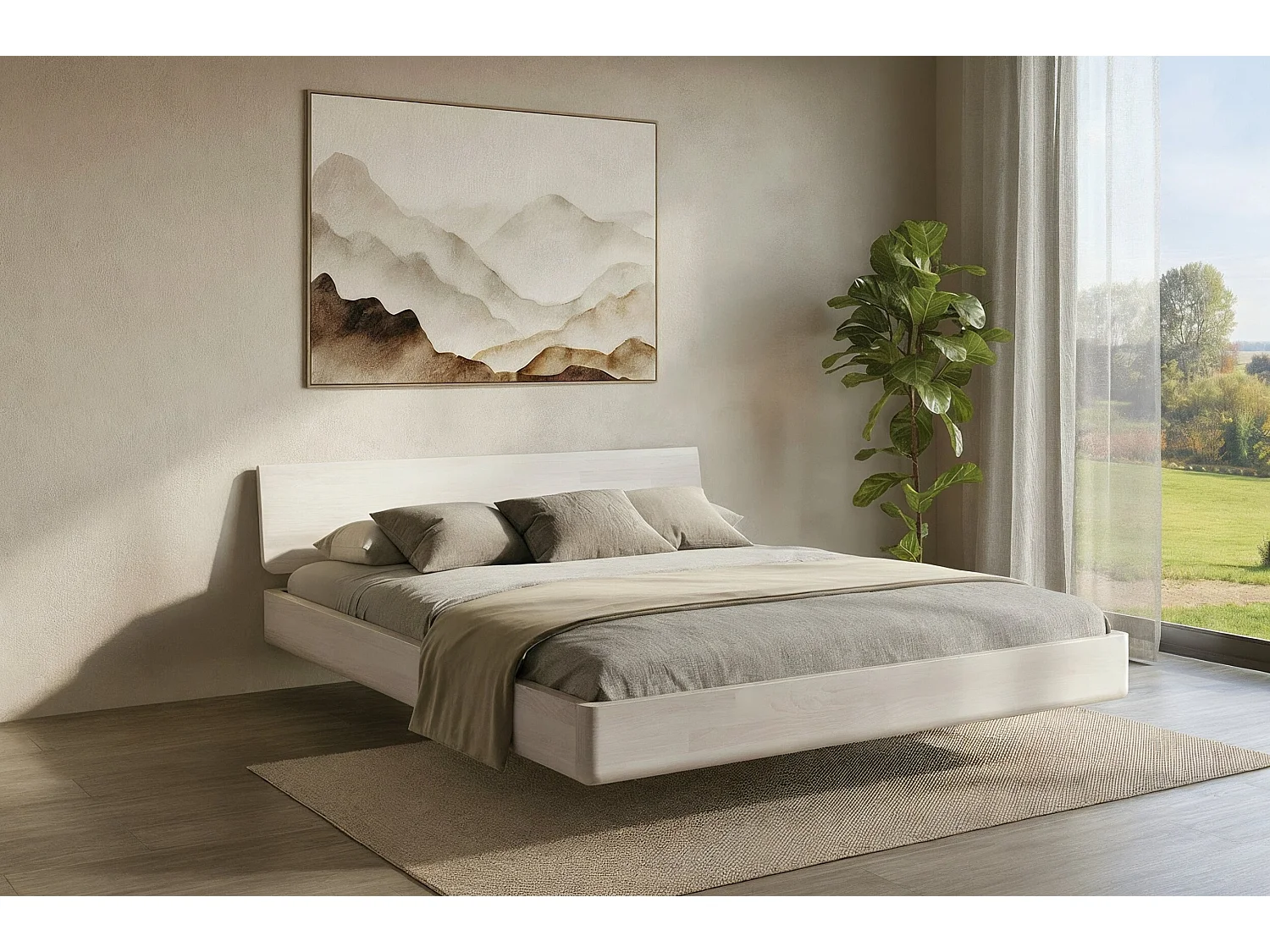 Lit flottant en hêtre massif LENA / 200x200 cm, couleur blanche