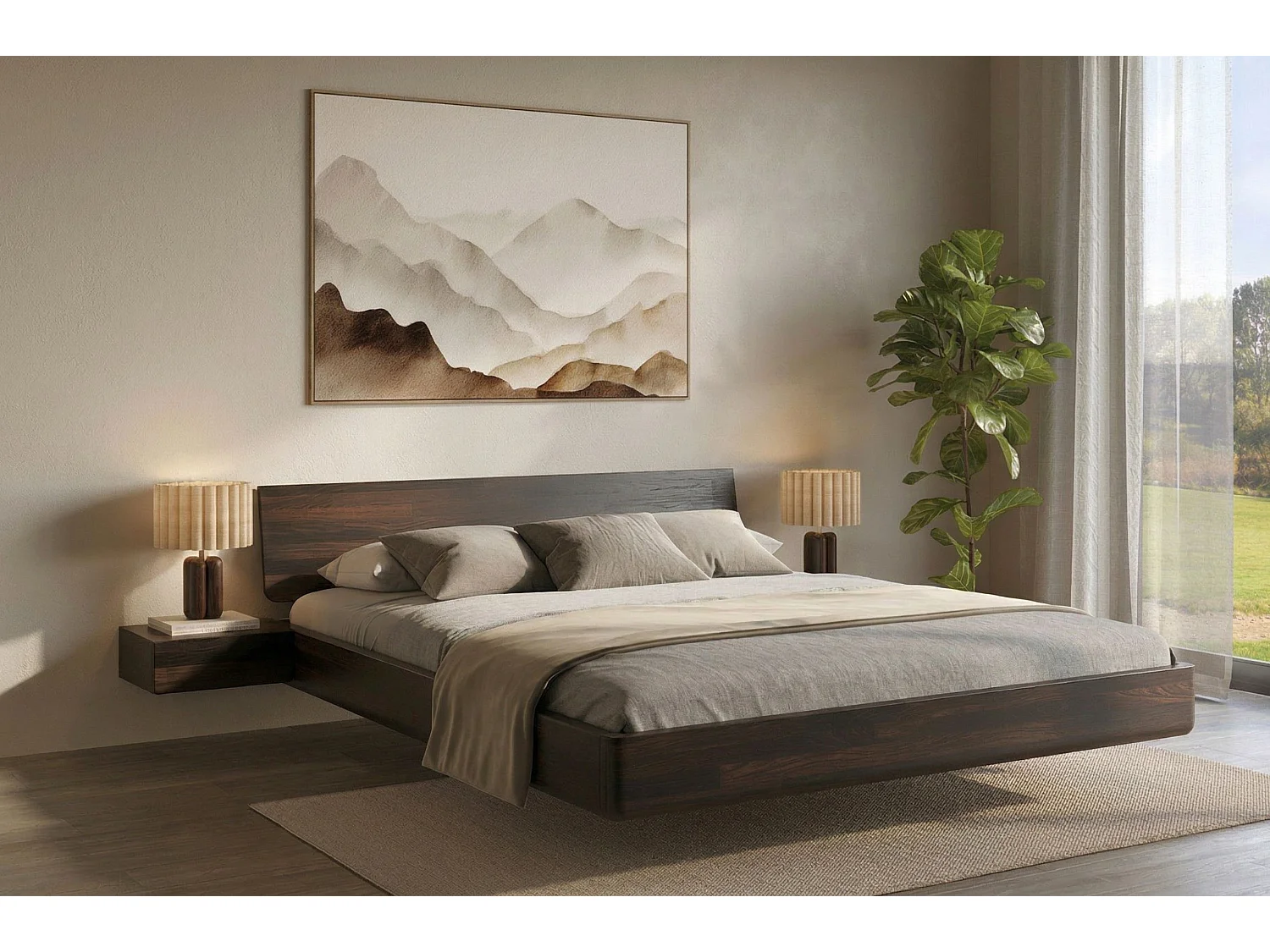 Lit flottant en hêtre massif LENA avec chevets / 200x200 cm, couleur palissandre