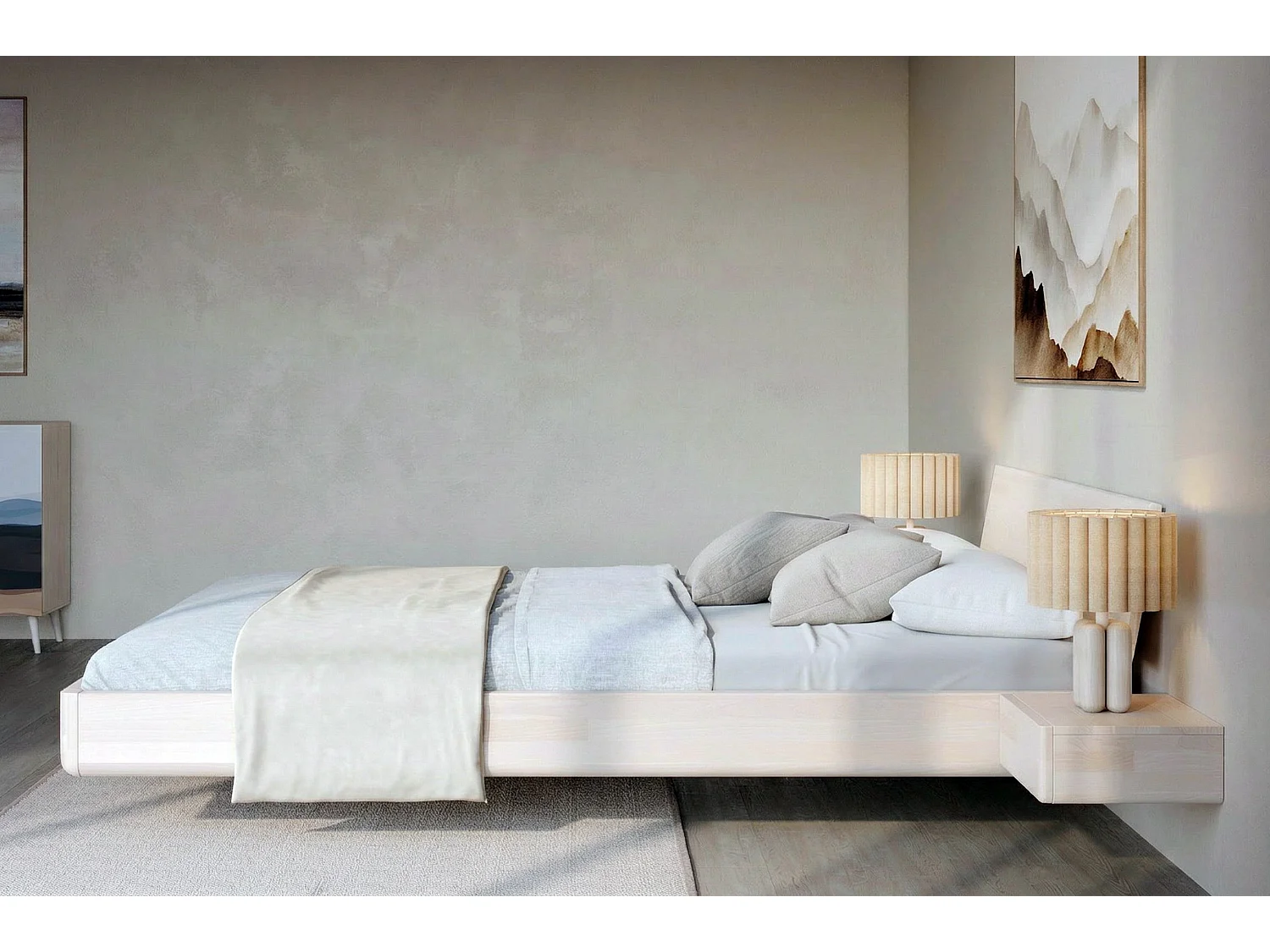 Lit flottant en hêtre massif LENA avec chevets / 160x200 cm, couleur blanche