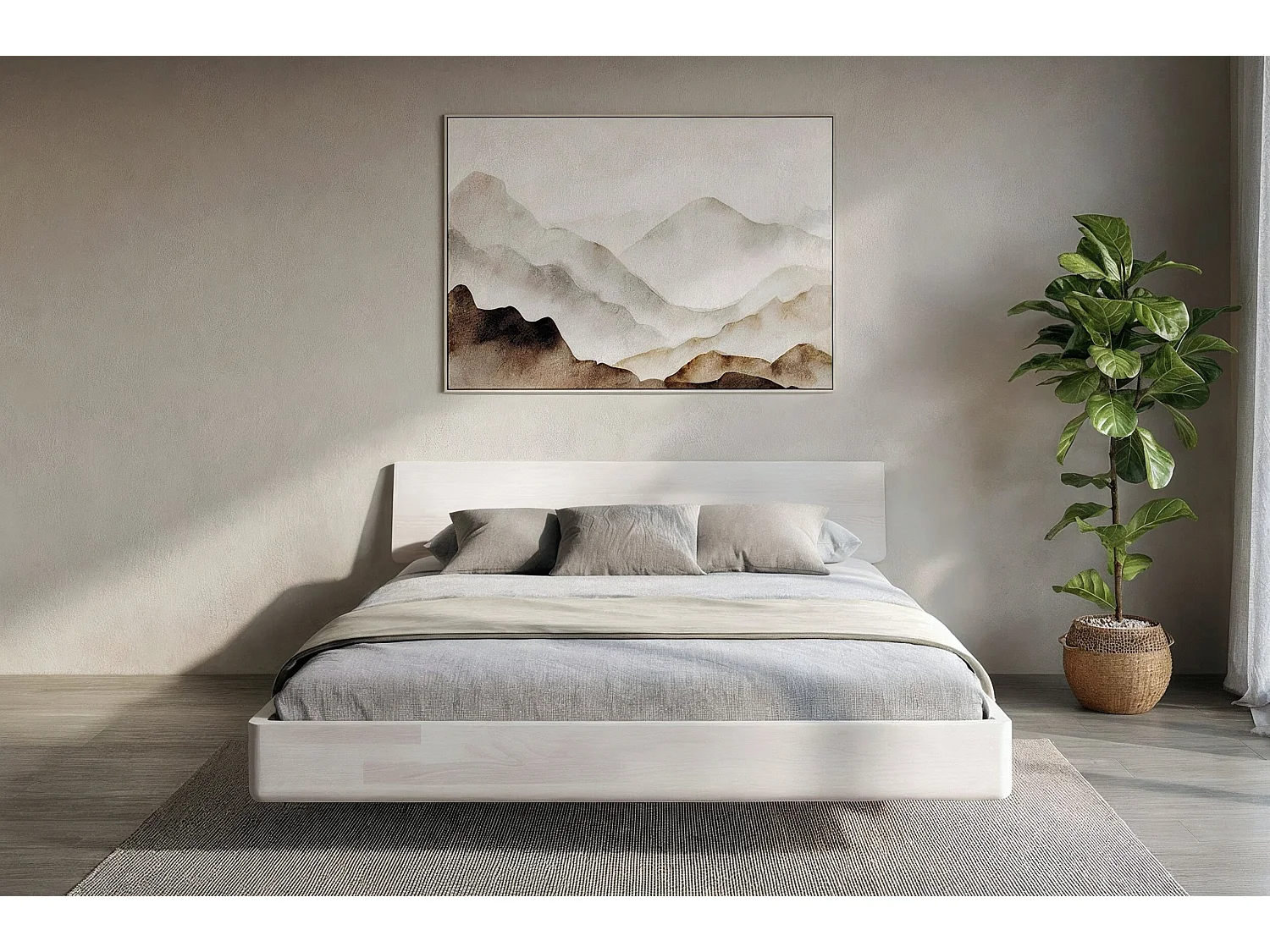 Lit flottant en hêtre massif LENA / 160x200 cm, couleur blanche