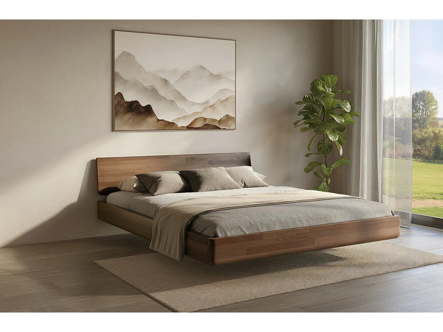 Lit flottant en hêtre massif LENA / 140x200 cm, couleur noyer