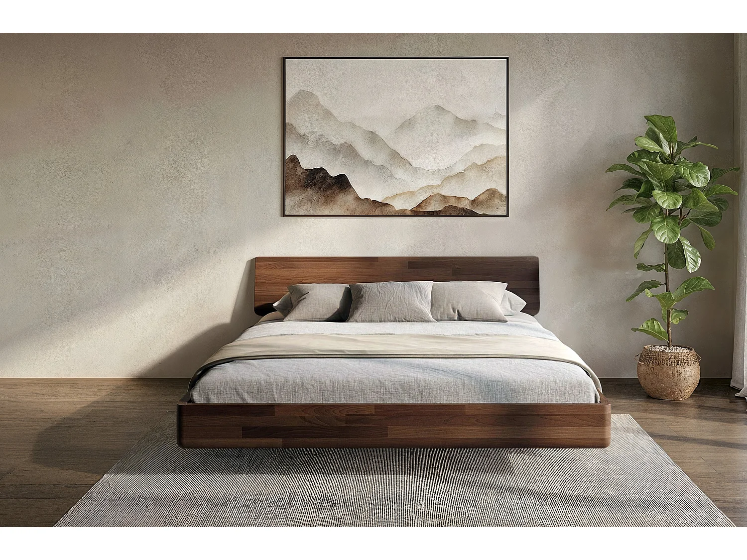 Lit flottant en hêtre massif LENA / 140x200 cm, couleur noyer