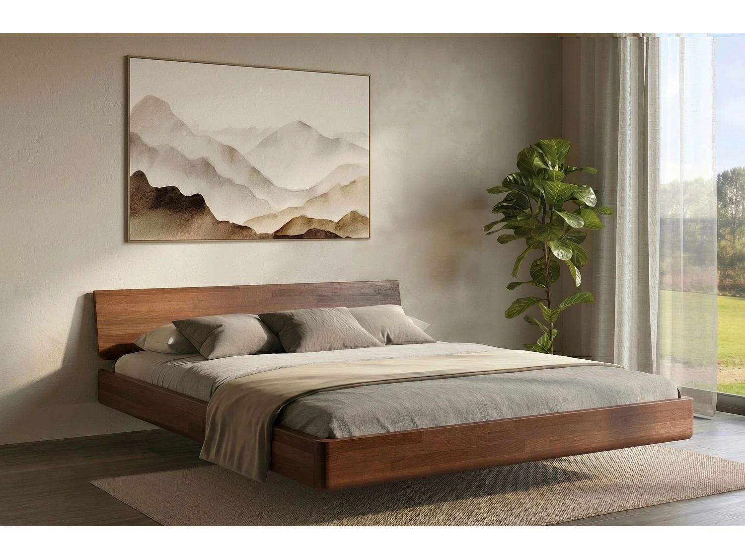 Łóżko lewitujące drewniane bukowe Visby LENA bez szafek / 140x200 cm, kolor orzech