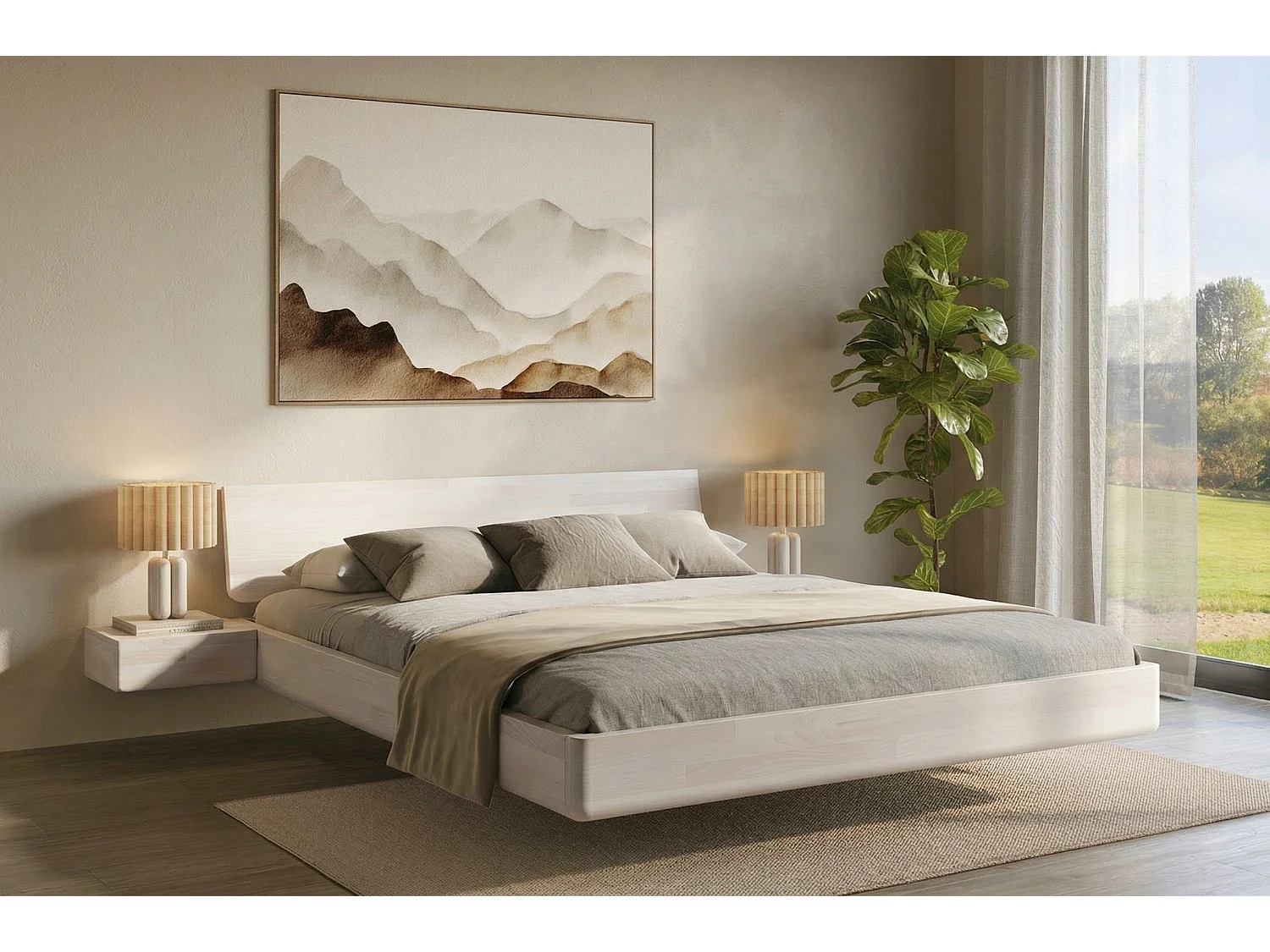 Lit flottant en hêtre massif LENA avec chevets / 120x200 cm, couleur blanche