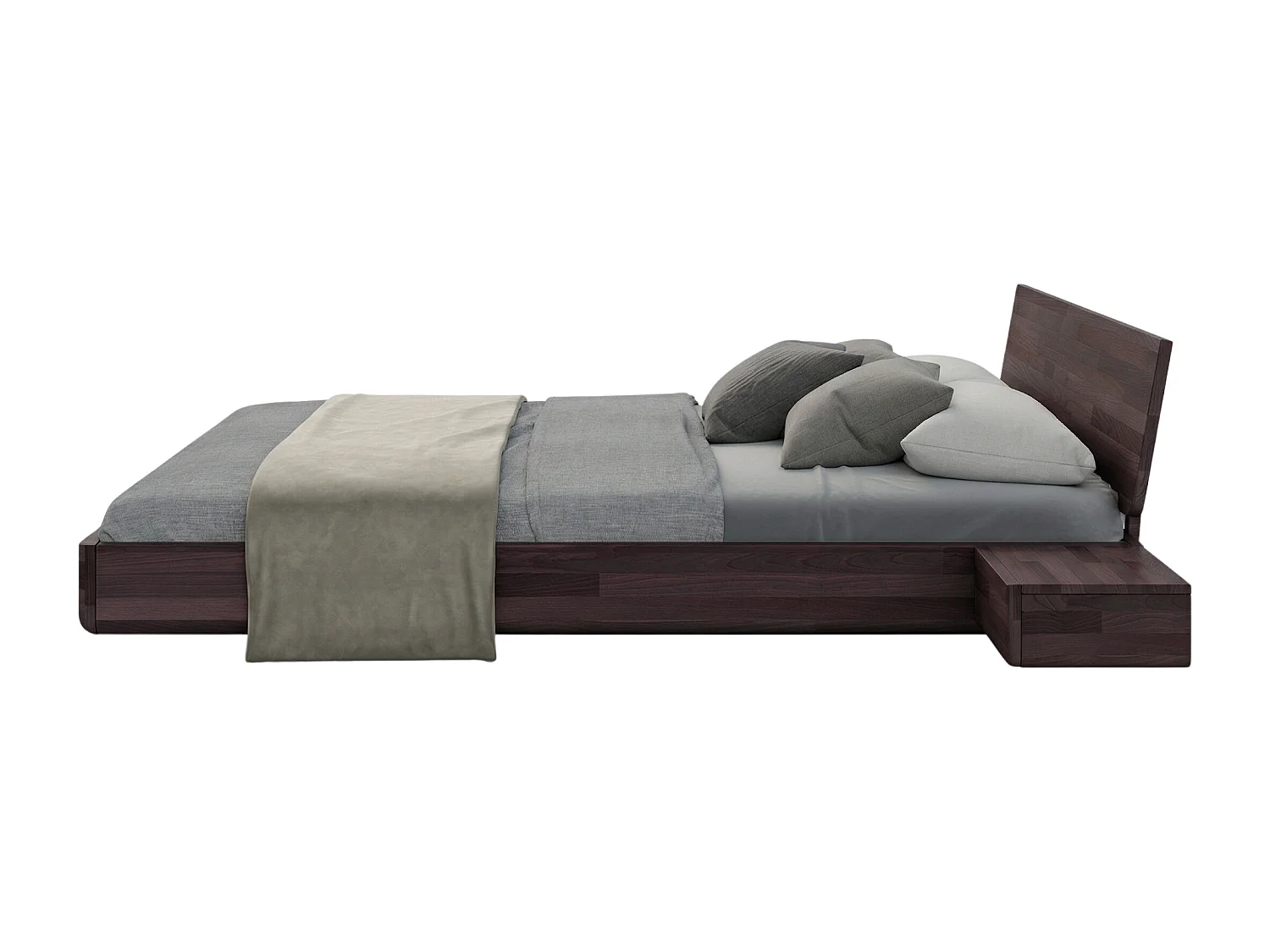 Lit flottant en hêtre massif LENA avec chevets / 160x200 cm, couleur palissandre