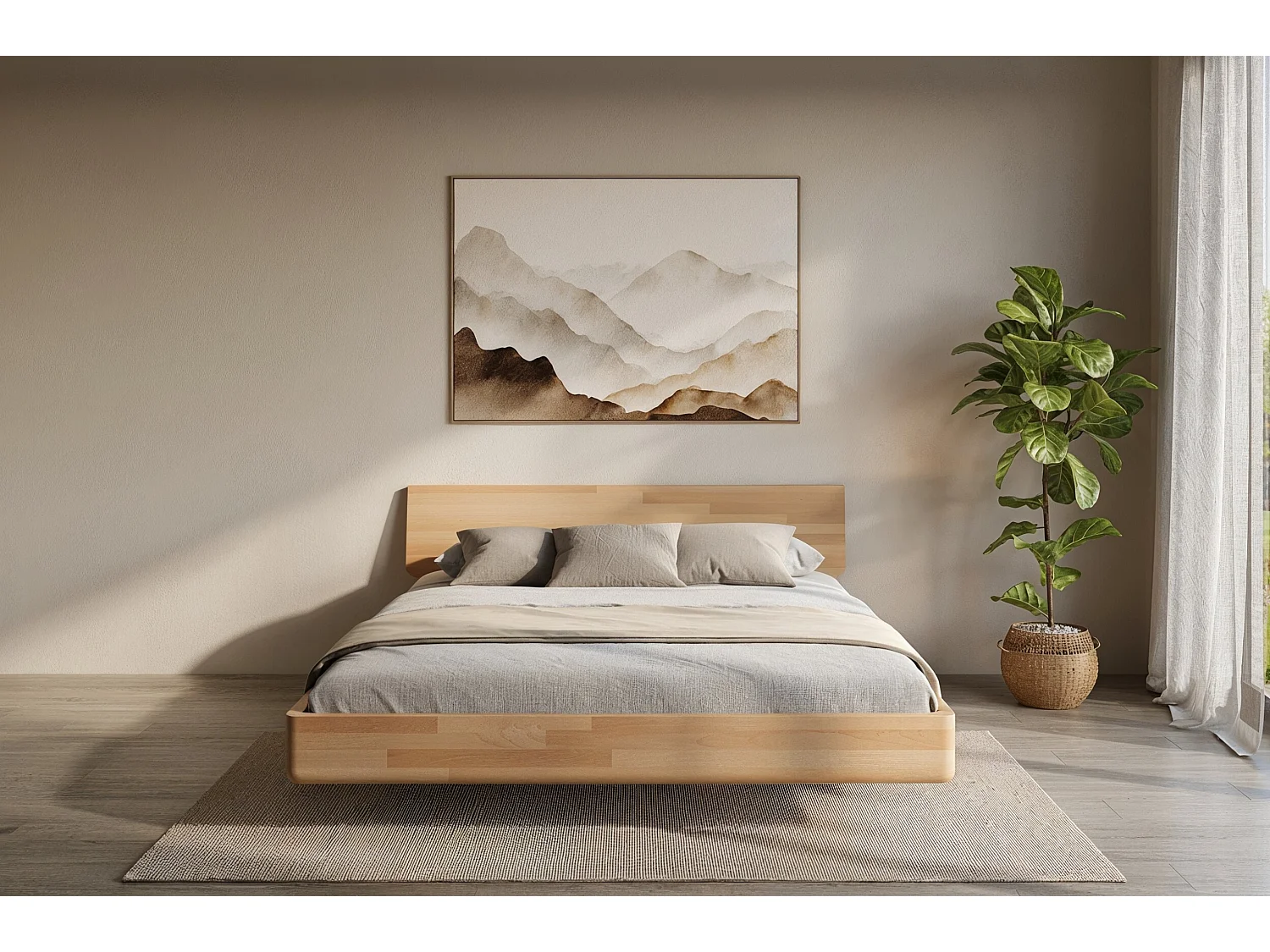 Łóżko lewitujące drewniane bukowe Visby LENA bez szafek / 160x200 cm, kolor naturalny