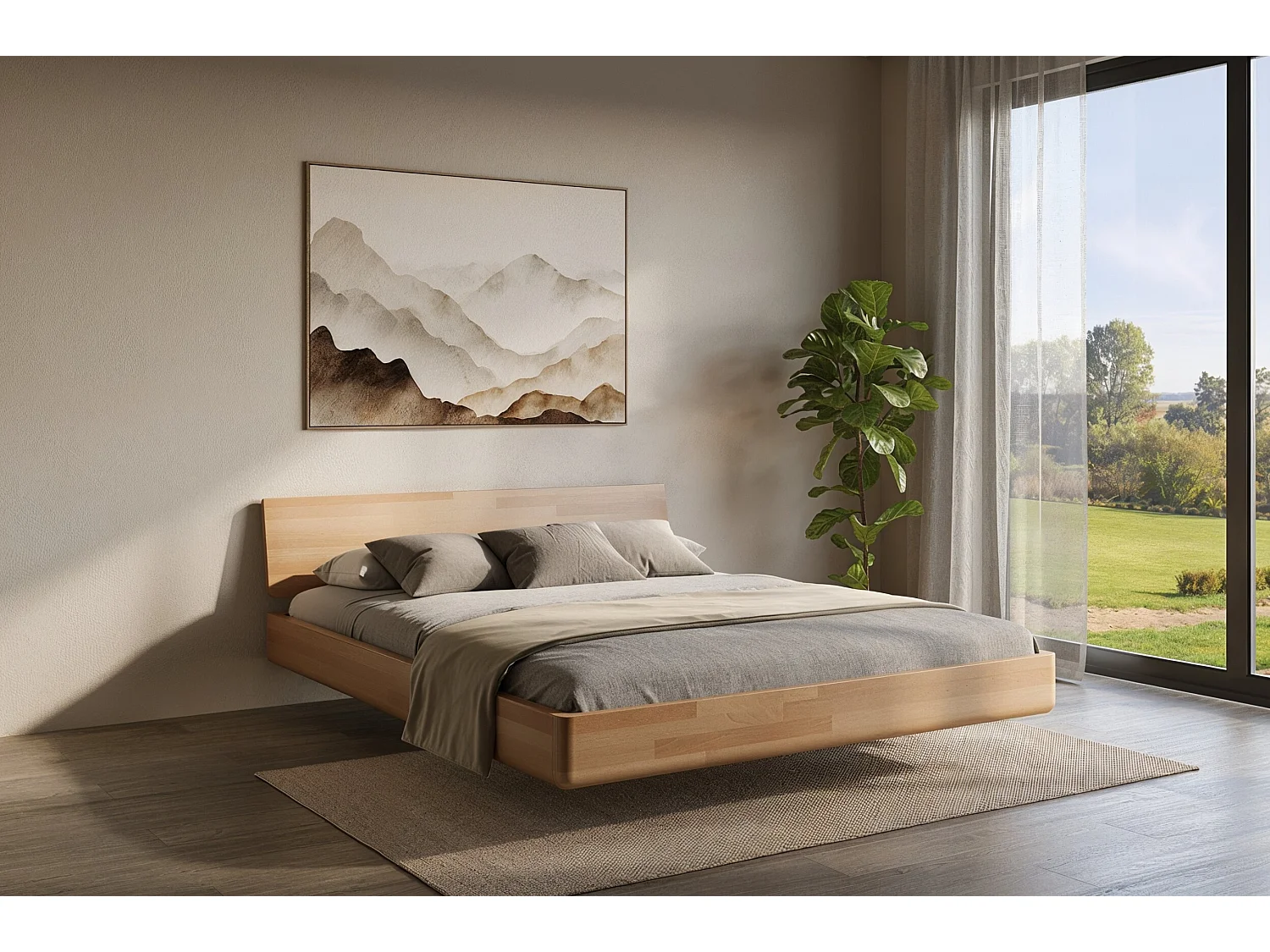 Łóżko lewitujące drewniane bukowe Visby LENA bez szafek / 160x200 cm, kolor naturalny