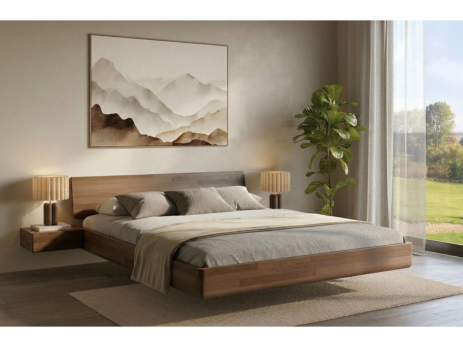 Lit flottant en hêtre massif LENA avec chevets / 180x200 cm, couleur noyer