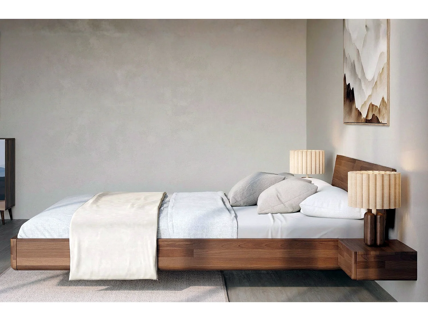 Lit flottant en hêtre massif LENA avec chevets / 180x200 cm, couleur noyer