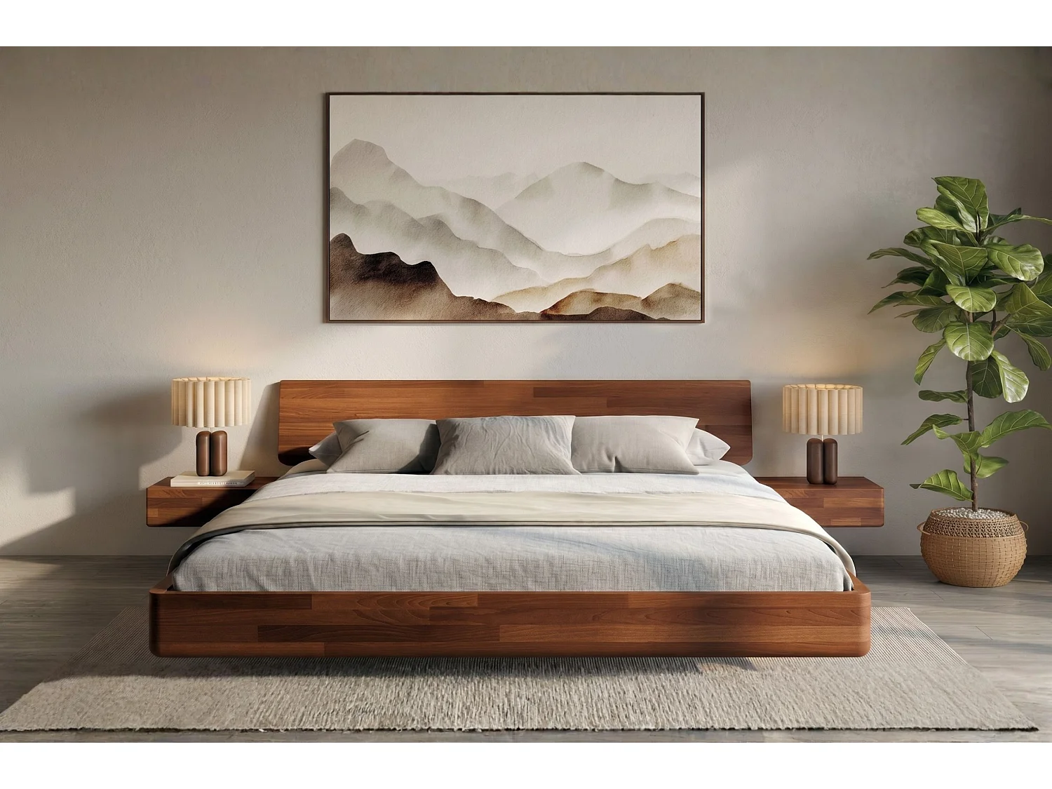 Łóżko lewitujące drewniane bukowe Visby LENA z szafkami / 180x200 cm, kolor orzech