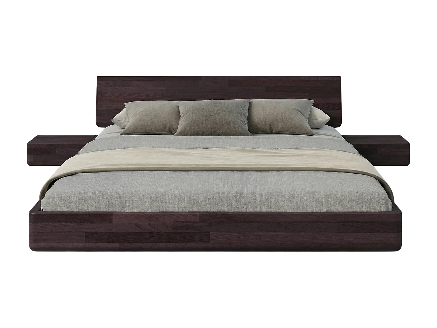 Lit flottant en hêtre massif LENA avec chevets / 180x200 cm, couleur palissandre