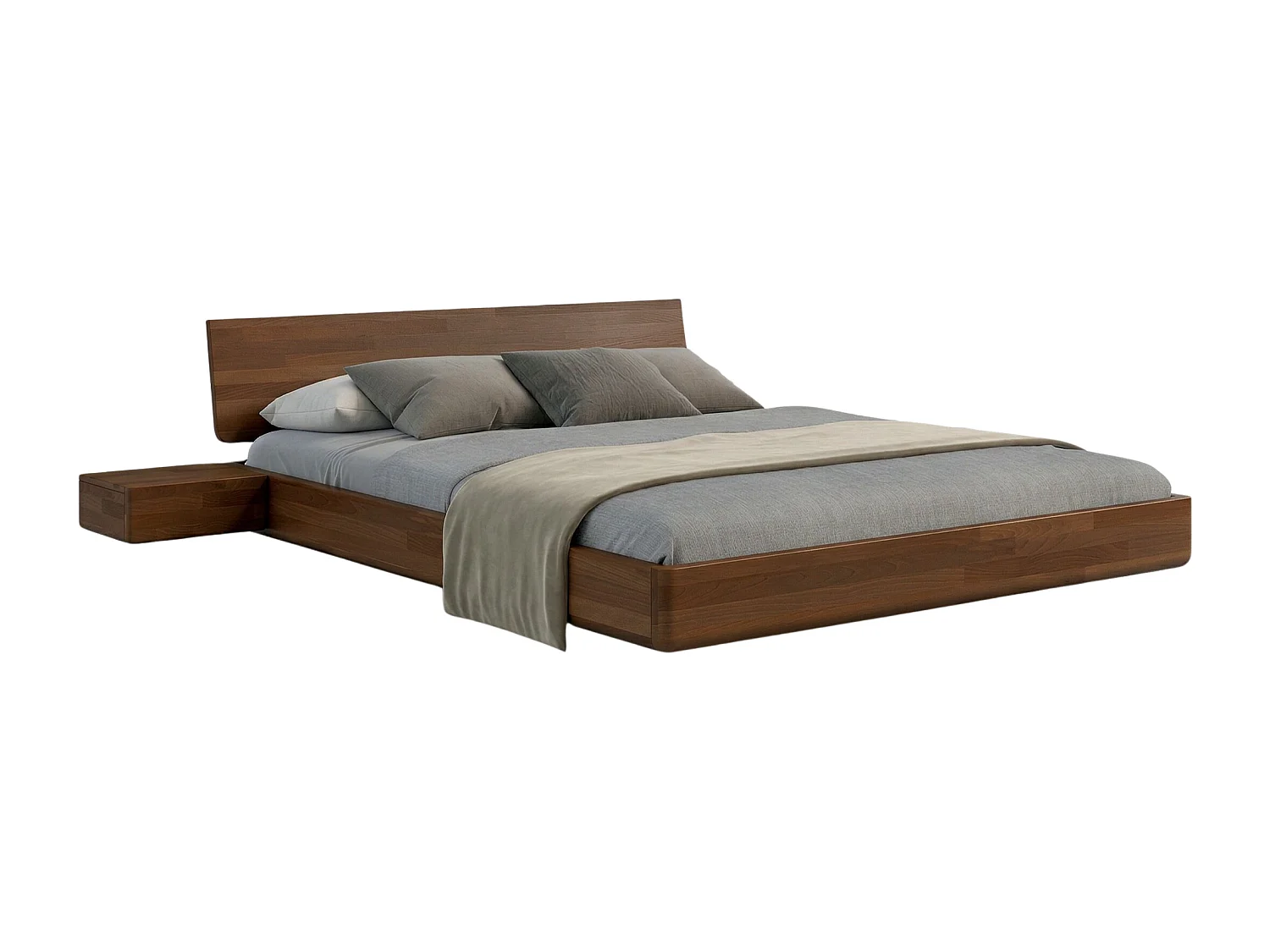 Lit flottant en hêtre massif LENA avec chevets / 160x200 cm, couleur noyer