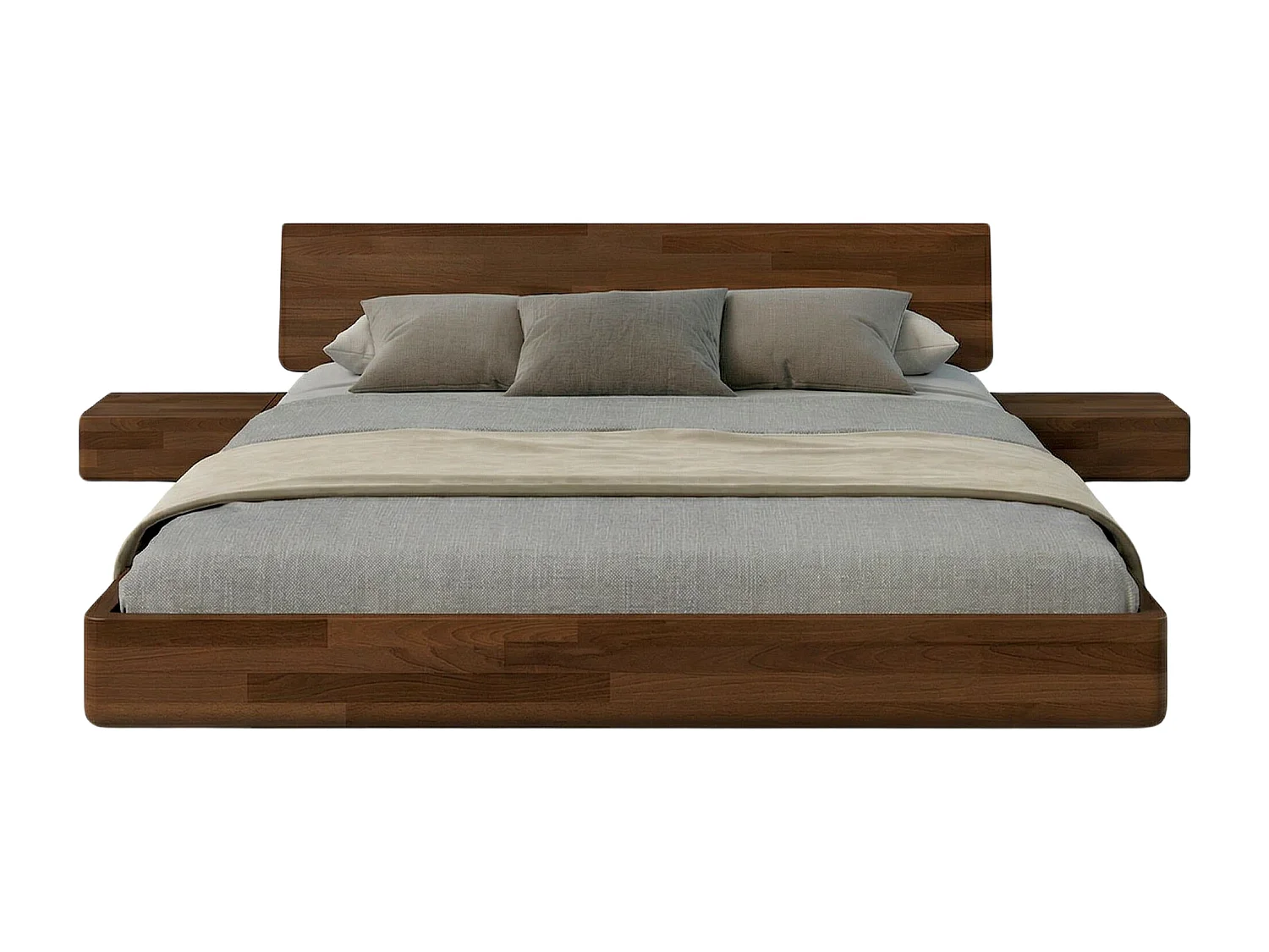 Lit flottant en hêtre massif LENA avec chevets / 160x200 cm, couleur noyer