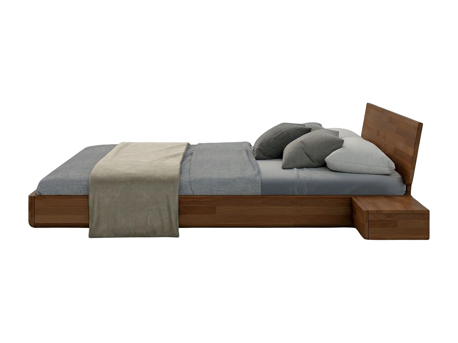 Lit flottant en hêtre massif LENA avec chevets / 160x200 cm, couleur noyer