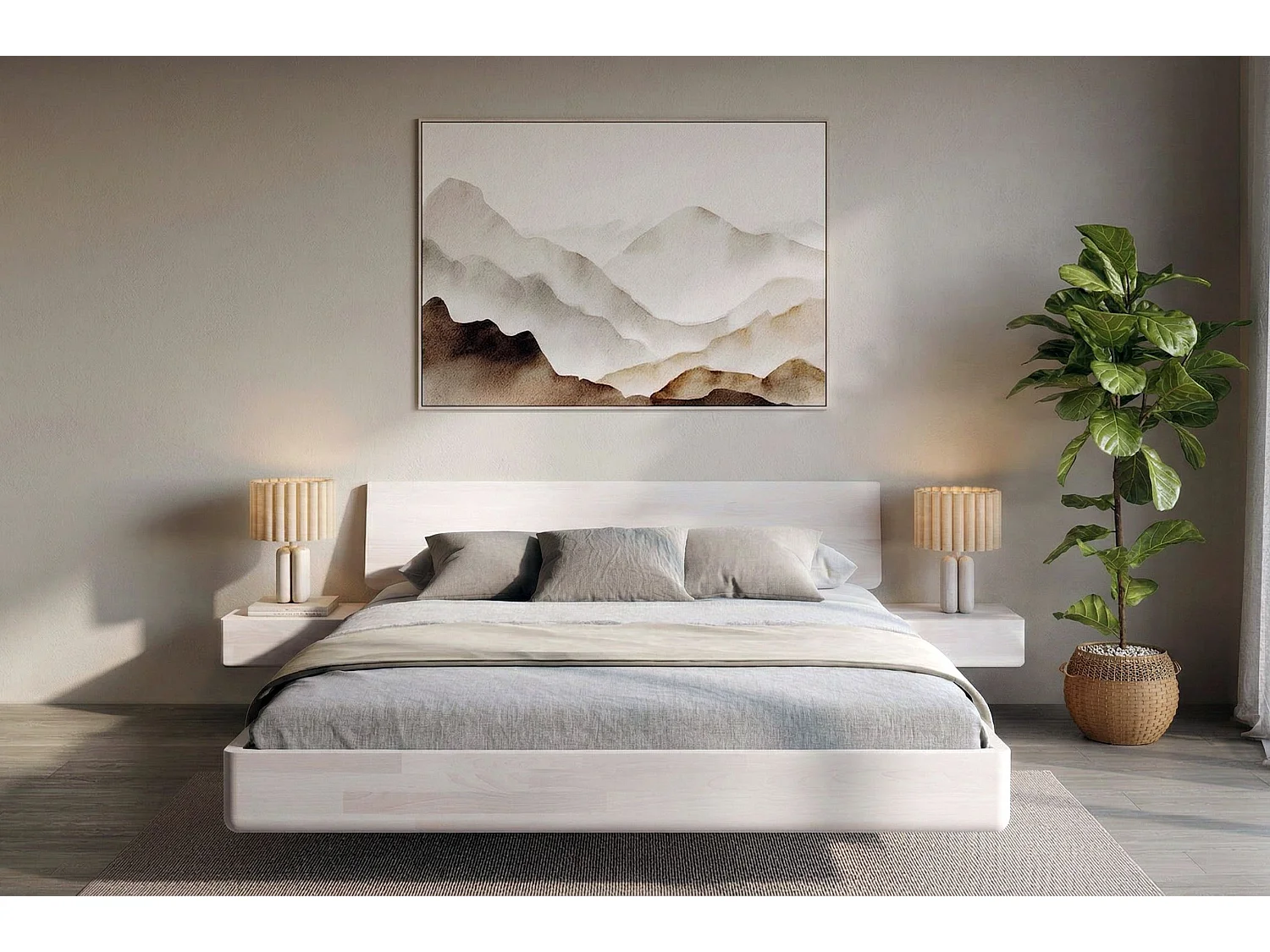 Lit flottant en hêtre massif LENA avec chevets / 180x200 cm, couleur blanche