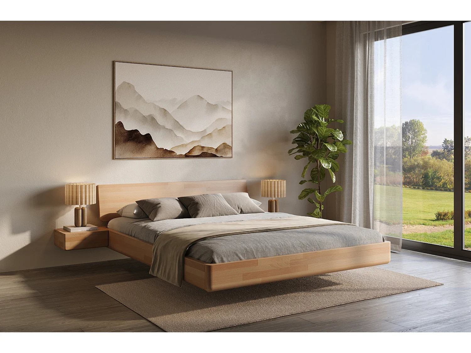 Lit flottant en hêtre massif LENA avec chevets / 200x200 cm, couleur naturelle