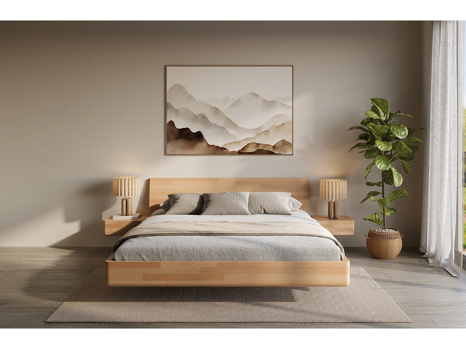 Łóżko lewitujące drewniane bukowe Visby LENA z szafkami / 200x200 cm, kolor naturalny