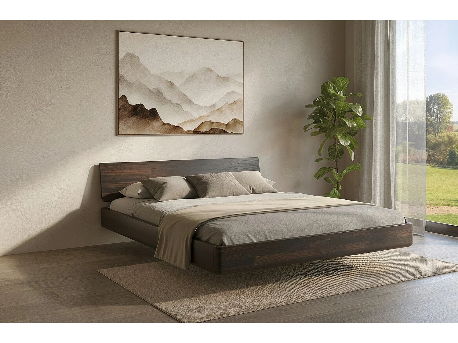 Lit flottant en hêtre massif LENA / 200x200 cm, couleur palissandre