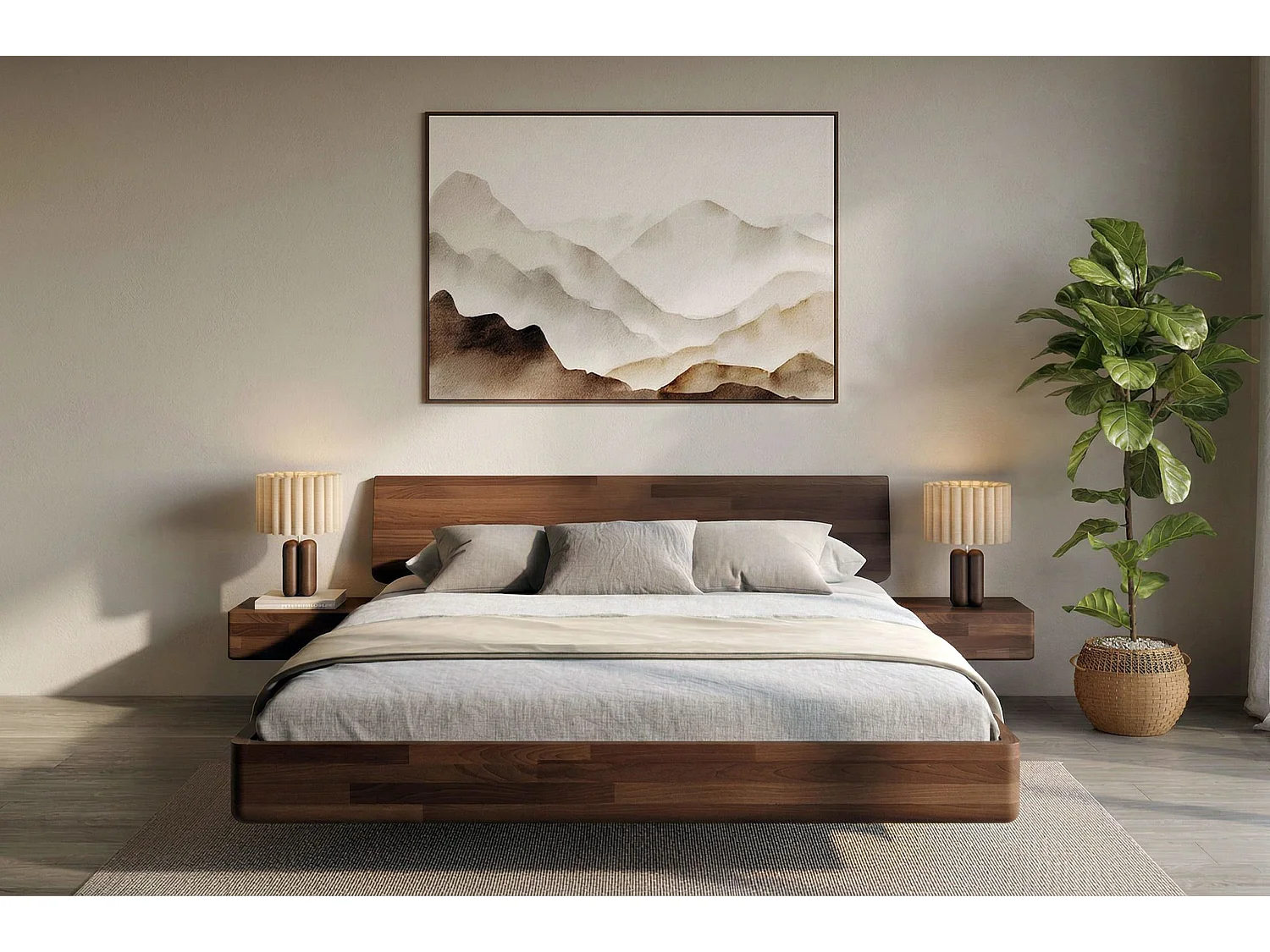 Lit flottant en hêtre massif LENA avec chevets / 200x200 cm, couleur noyer