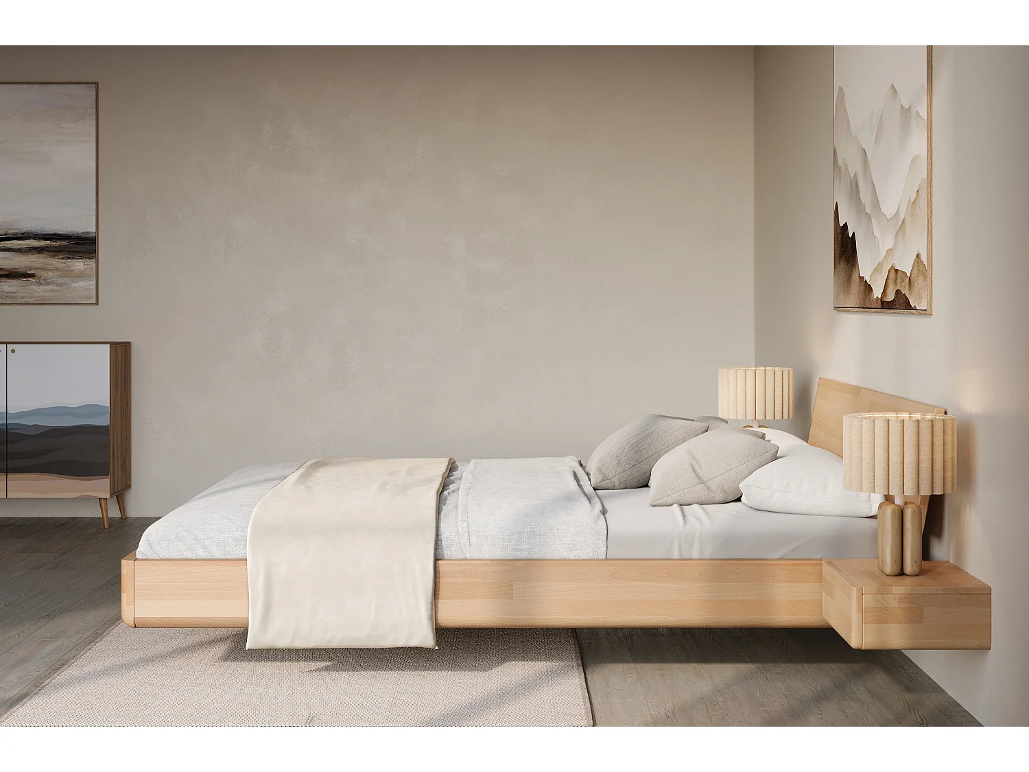 Lit flottant en hêtre massif LENA avec chevets / 140x200 cm, couleur naturelle
