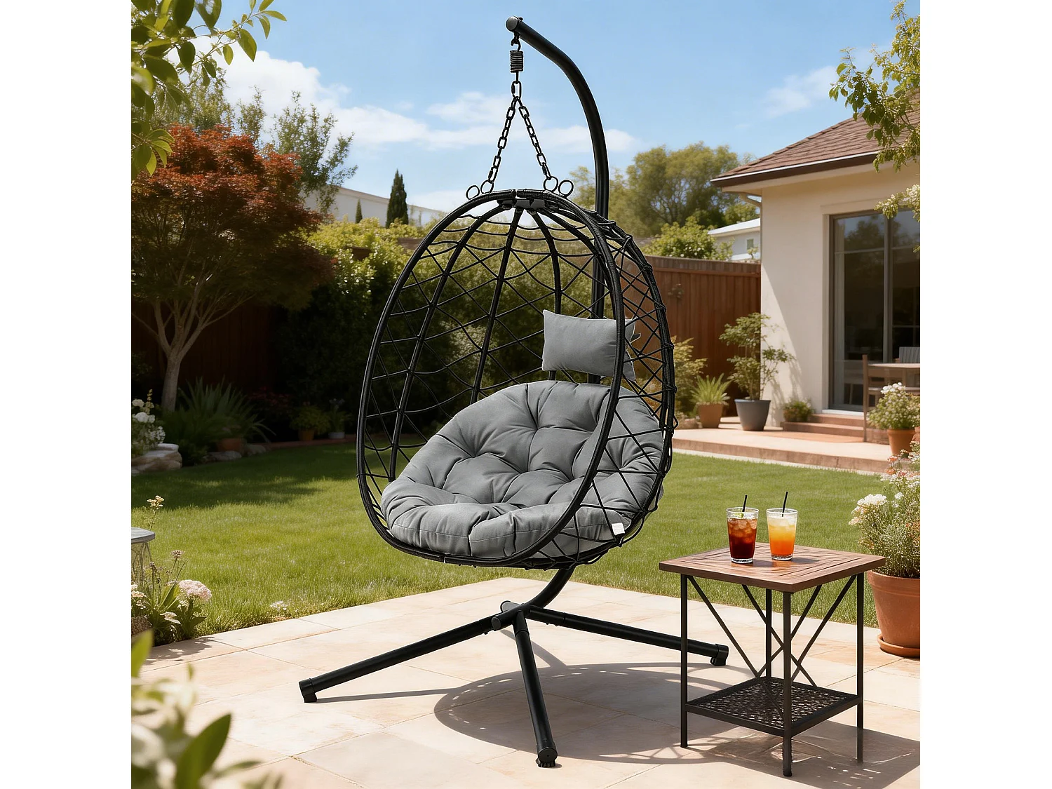 Fauteuil suspendu HOMEMIYN avec coussin, chaise hamac avec support métallique noir, coussin gris ou beige, idéal jardin balcon printemps