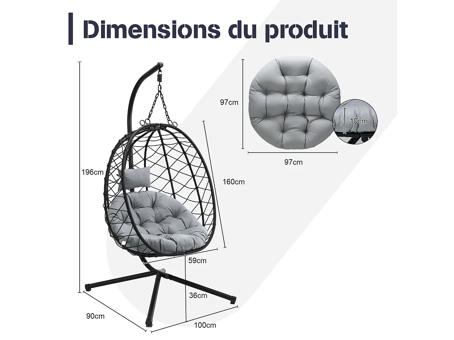 Fauteuil suspendu HOMEMIYN avec coussin, chaise hamac avec support métallique noir, coussin gris ou beige, idéal jardin balcon printemps