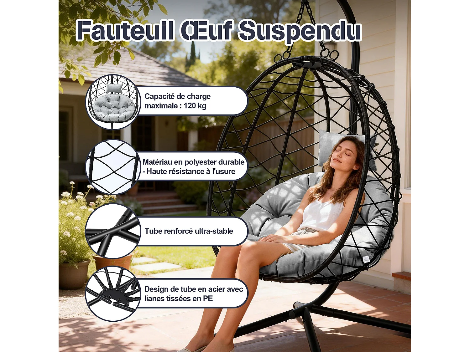 Fauteuil suspendu HOMEMIYN avec coussin, chaise hamac avec support métallique noir, coussin gris ou beige, idéal jardin balcon printemps