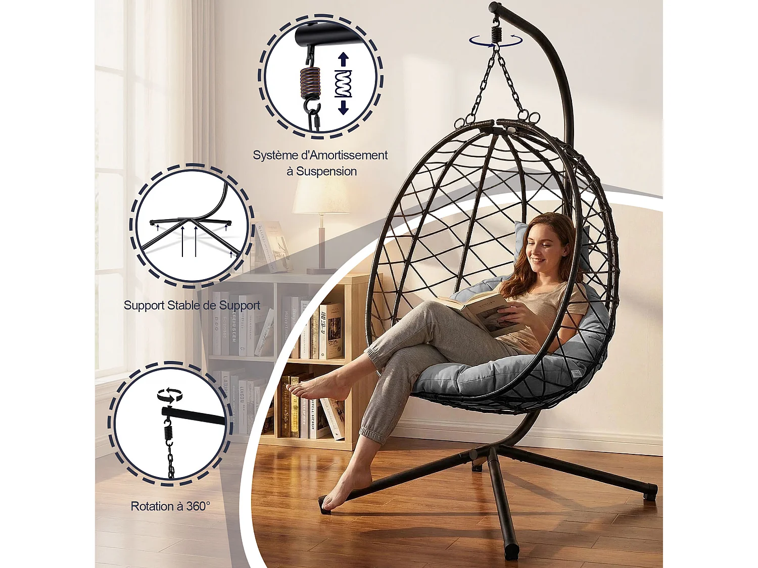 Fauteuil suspendu HOMEMIYN avec coussin, chaise hamac avec support métallique noir, coussin gris ou beige, idéal jardin balcon printemps