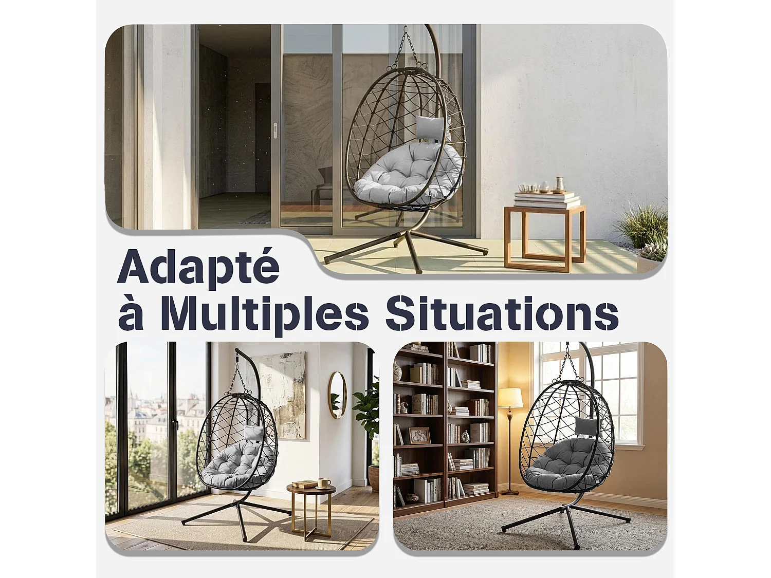 Fauteuil suspendu HOMEMIYN avec coussin, chaise hamac avec support métallique noir, coussin gris ou beige, idéal jardin balcon printemps