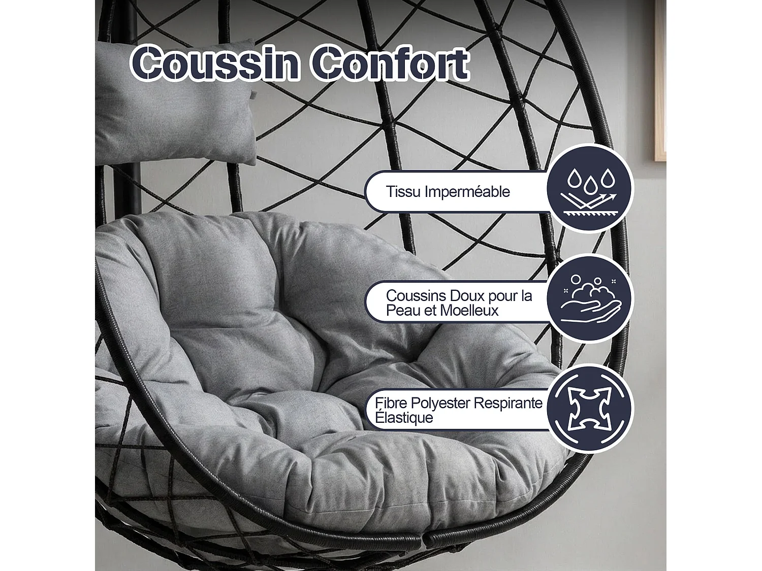 Fauteuil suspendu HOMEMIYN avec coussin, chaise hamac avec support métallique noir, coussin gris ou beige, idéal jardin balcon printemps