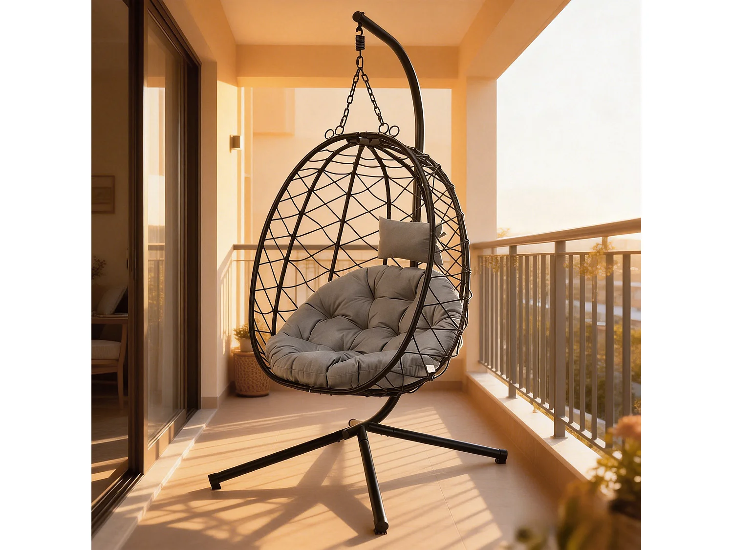 Fauteuil suspendu HOMEMIYN avec coussin, chaise hamac avec support métallique noir, coussin gris ou beige, idéal jardin balcon printemps