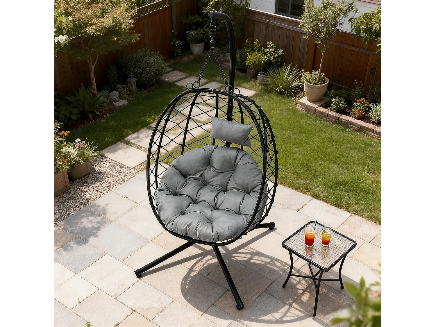 Fauteuil suspendu HOMEMIYN avec coussin, chaise hamac avec support métallique noir, coussin gris ou beige, idéal jardin balcon printemps