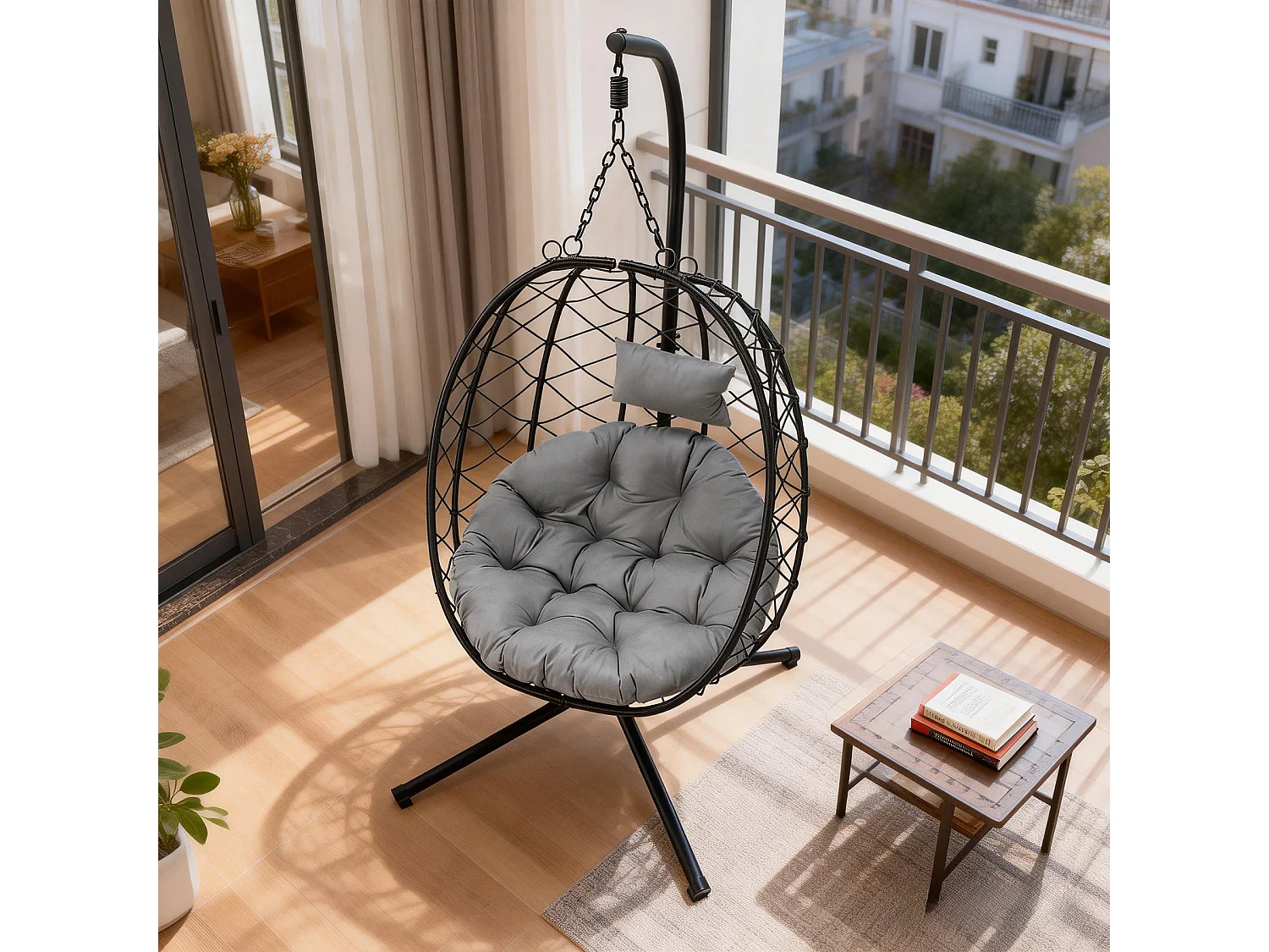 Fauteuil suspendu HOMEMIYN avec coussin, chaise hamac avec support métallique noir, coussin gris ou beige, idéal jardin balcon printemps