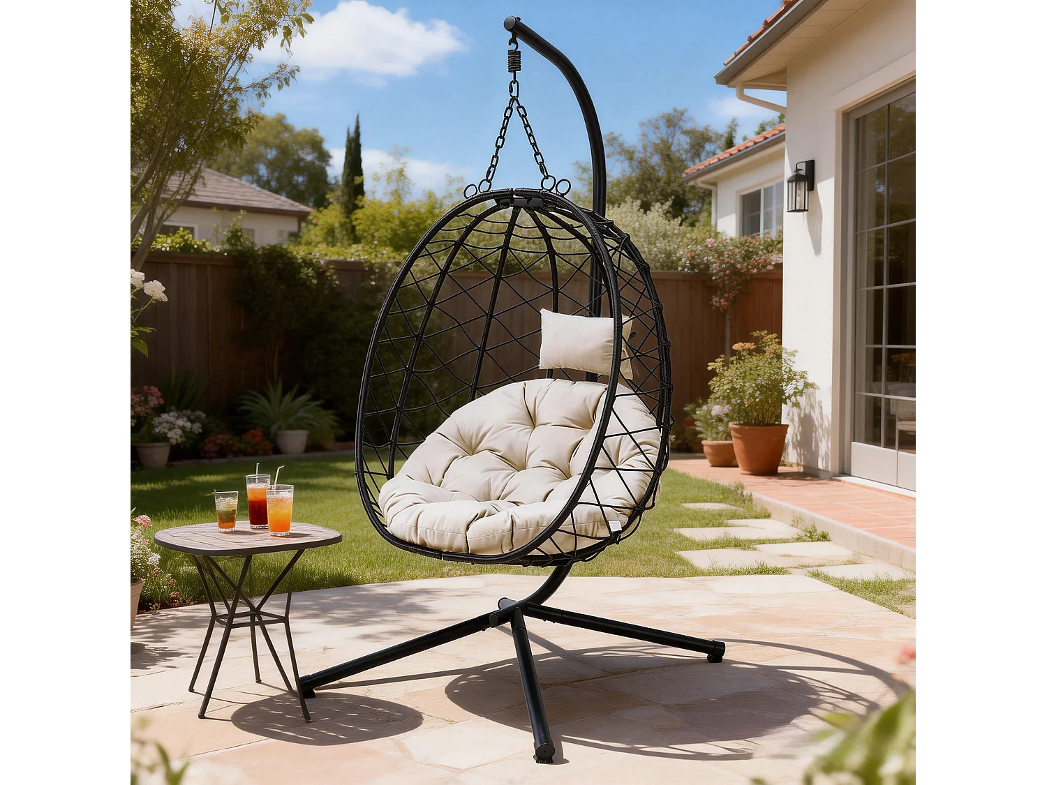 Fauteuil suspendu HOMEMIYN avec coussin, chaise hamac avec support métallique noir, coussin gris ou beige, idéal jardin balcon printemps