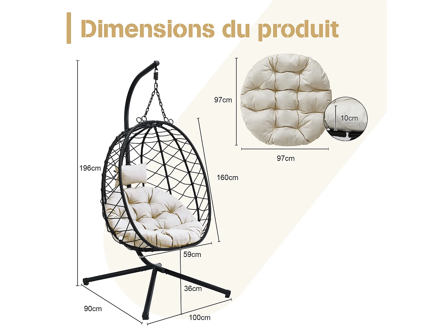 Fauteuil suspendu HOMEMIYN avec coussin, chaise hamac avec support métallique noir, coussin gris ou beige, idéal jardin balcon printemps