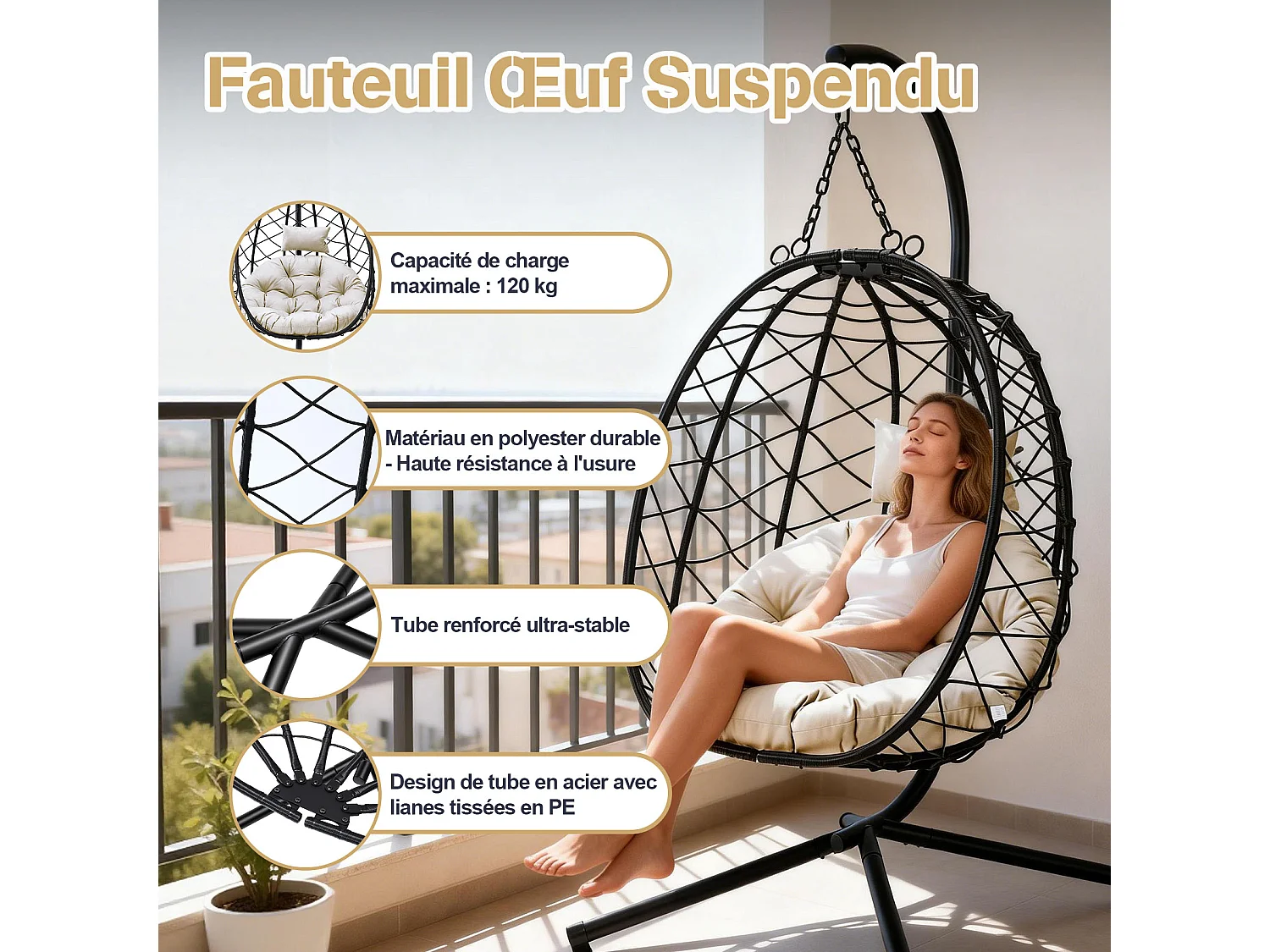 Fauteuil suspendu HOMEMIYN avec coussin, chaise hamac avec support métallique noir, coussin gris ou beige, idéal jardin balcon printemps