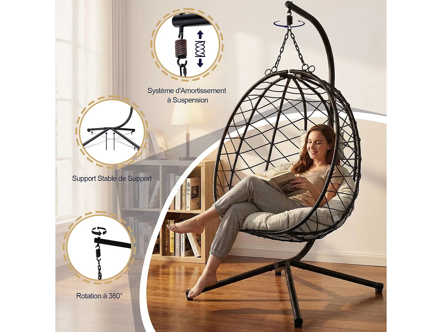 Fauteuil suspendu HOMEMIYN avec coussin, chaise hamac avec support métallique noir, coussin gris ou beige, idéal jardin balcon printemps