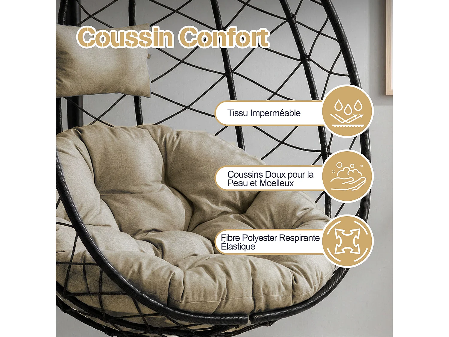 Fauteuil suspendu HOMEMIYN avec coussin, chaise hamac avec support métallique noir, coussin gris ou beige, idéal jardin balcon printemps