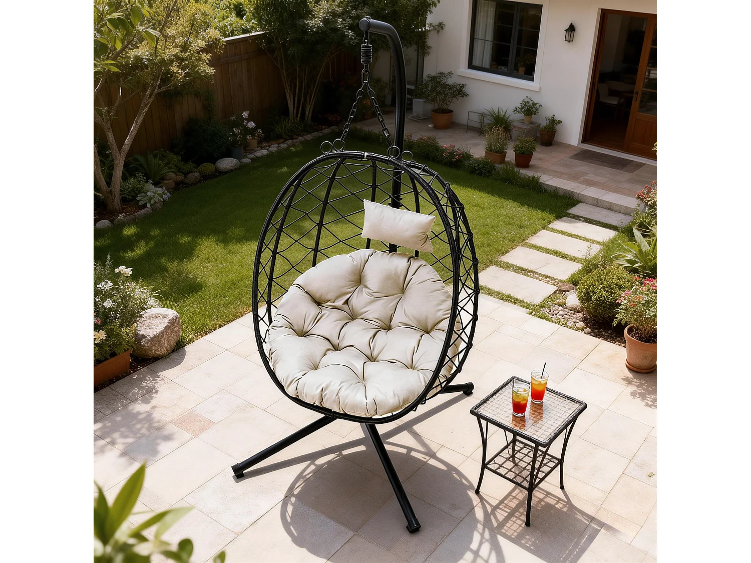 Fauteuil suspendu HOMEMIYN avec coussin, chaise hamac avec support métallique noir, coussin gris ou beige, idéal jardin balcon printemps