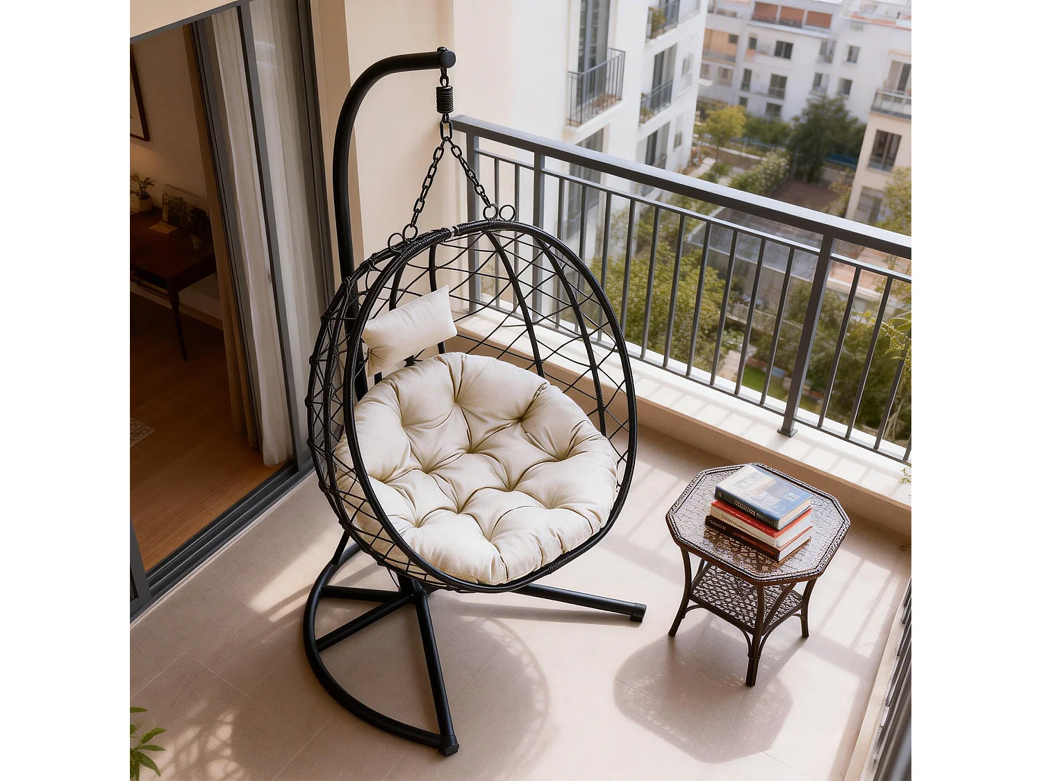 Fauteuil suspendu HOMEMIYN avec coussin, chaise hamac avec support métallique noir, coussin gris ou beige, idéal jardin balcon printemps