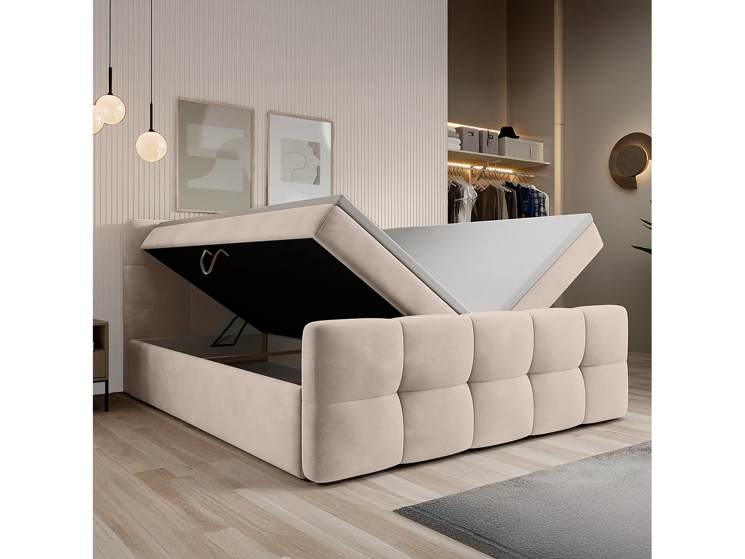 Lit coffre + matelas Volupto 180cm velours Beige
