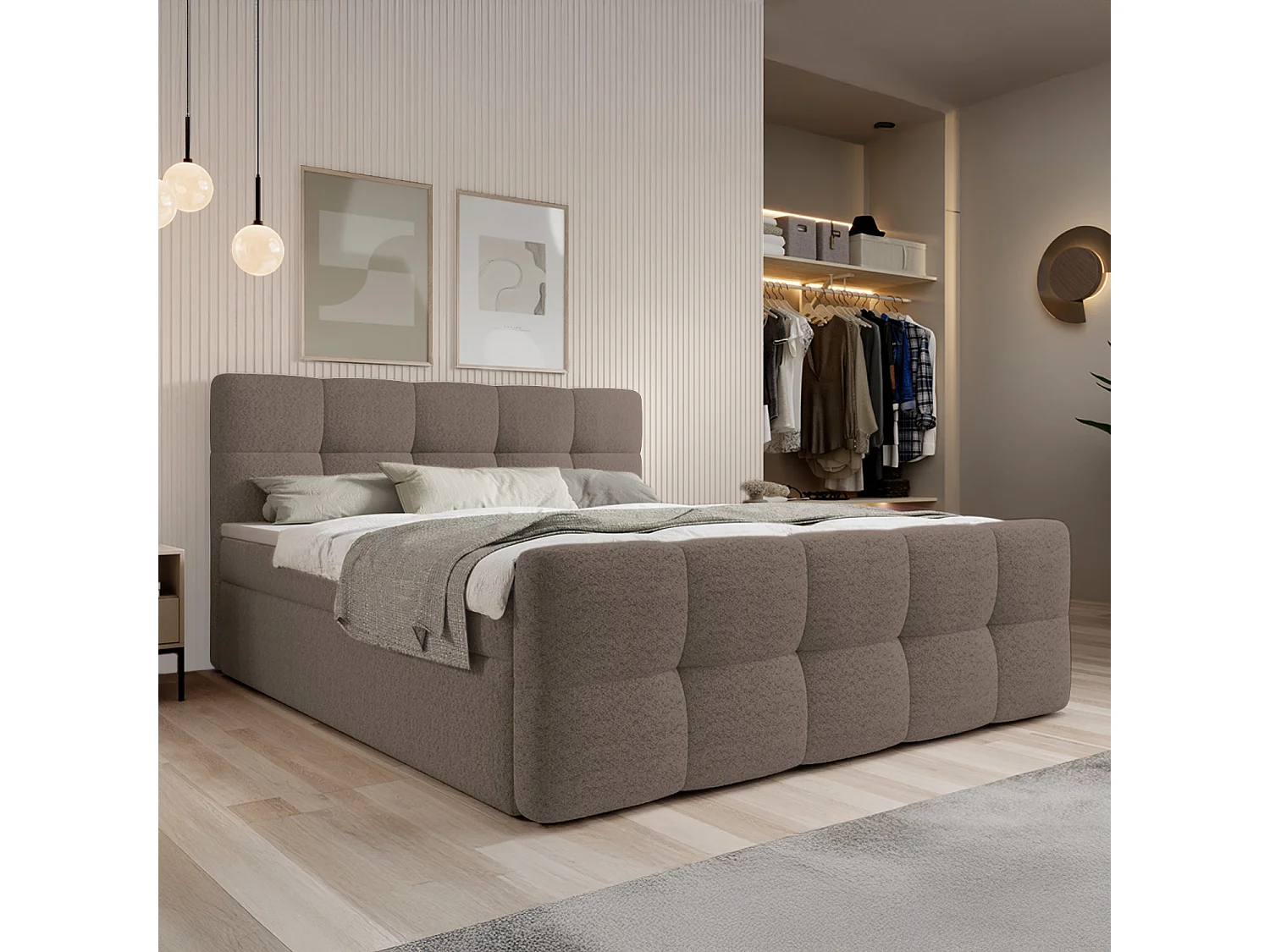 Lit coffre + matelas Volupto 160cm Bouclette Taupe