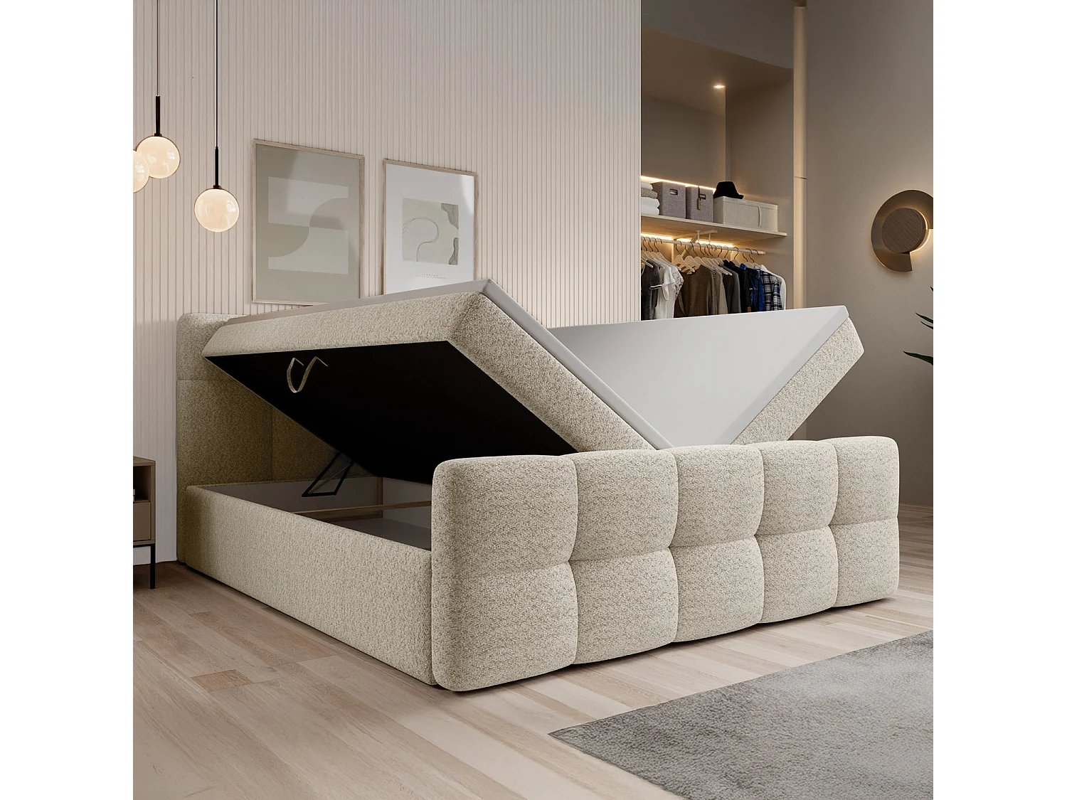 Lit coffre + matelas Volupto 160cm Bouclette Beige